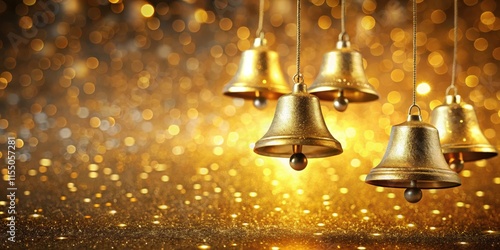 Golden bells hanging together with a shiny shimmer , holiday, Christmas, shiny, metallic, decoration, ornament, festive