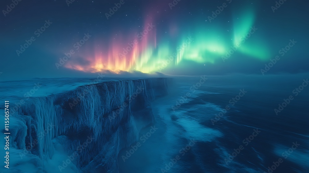 Aurora borealis over icy waterfall and ocean at night. Aurora borealis over icy waterfall and ocean at night.