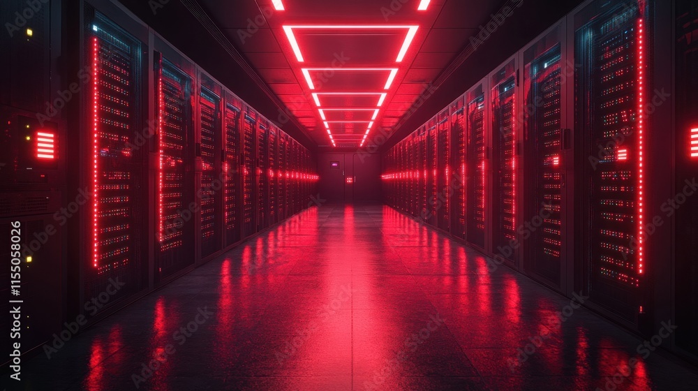 Futuristic server room with red lighting. Futuristic server room with red lighting.
