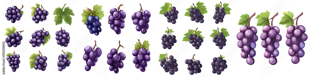 Flat style illustration of purple grapes isolated on white background.  Collection Set Png.