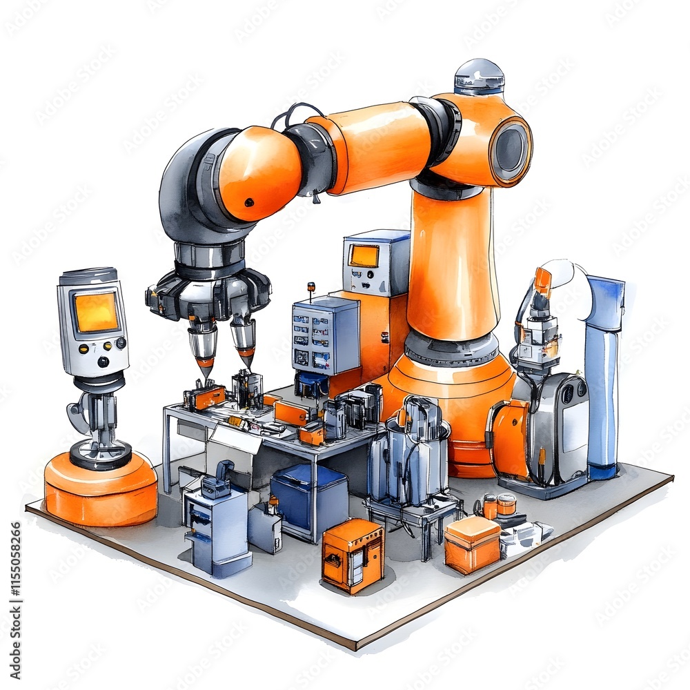 Fototapeta premium A vibrant, detailed illustration of a robotic assembly line.