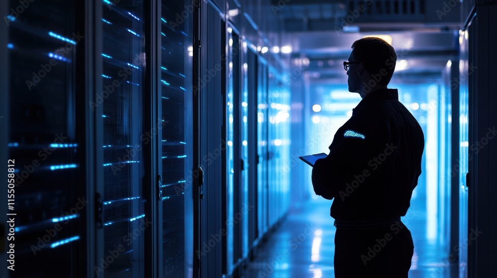 Technician in Data Center Analyzing Server Rack with Tablet Device Technician in Data Center Analyzing Server Rack with Tablet Device