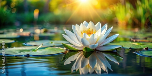 Delicate water lily with intricate white petals and yellow center floating on calm lake surface, surrounded by lush greenery , lake scenery, floral motifs