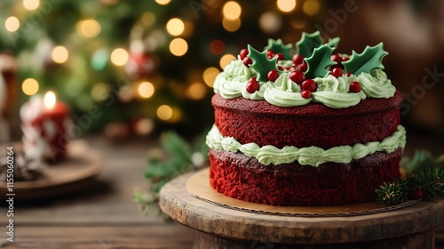 Wallpaper Mural Closeup whole red velvet cake with christmas decoration cream icing, christmas tree lights background, celebration, new year Torontodigital.ca