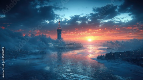 Wallpaper Mural A stunning sunset over a futuristic cityscape with a towering structure by the water. Torontodigital.ca