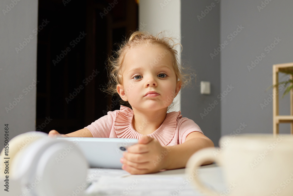 A young girl sits at a table with a tablet in her hands, displaying concentration. Sunlight fills the room, creating a warm and inviting atmosphere A young girl sits at a table with a tablet in her hands, displaying concentration. Sunlight fills the room, creating a warm and inviting atmosphere