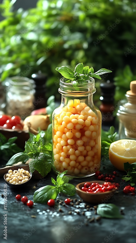 Glass jar of tiny pasta in brine, surrounded by fresh herbs and spices. Glass jar of tiny pasta in brine, surrounded by fresh herbs and spices.