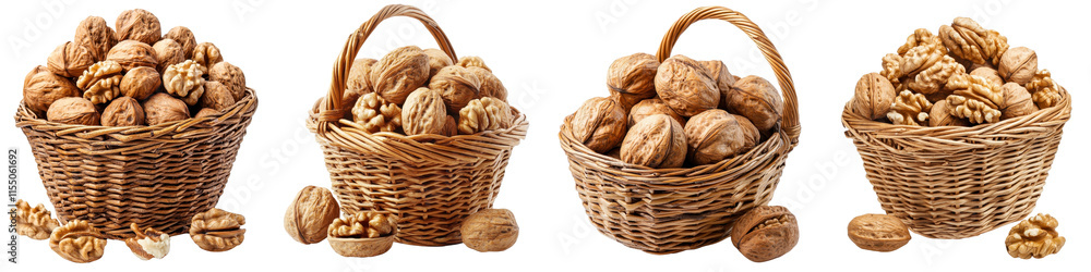 Walnuts in a basket isolated on white background. Collection Set Png. Walnuts in a basket isolated on white background. Collection Set Png.