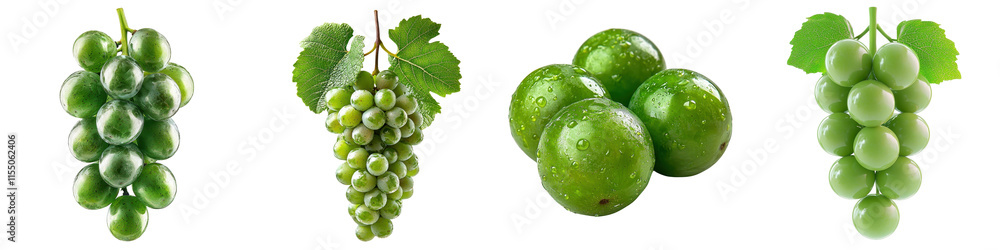 Obraz premium Green grapes fresh isolated on white background. Collection Set Png.