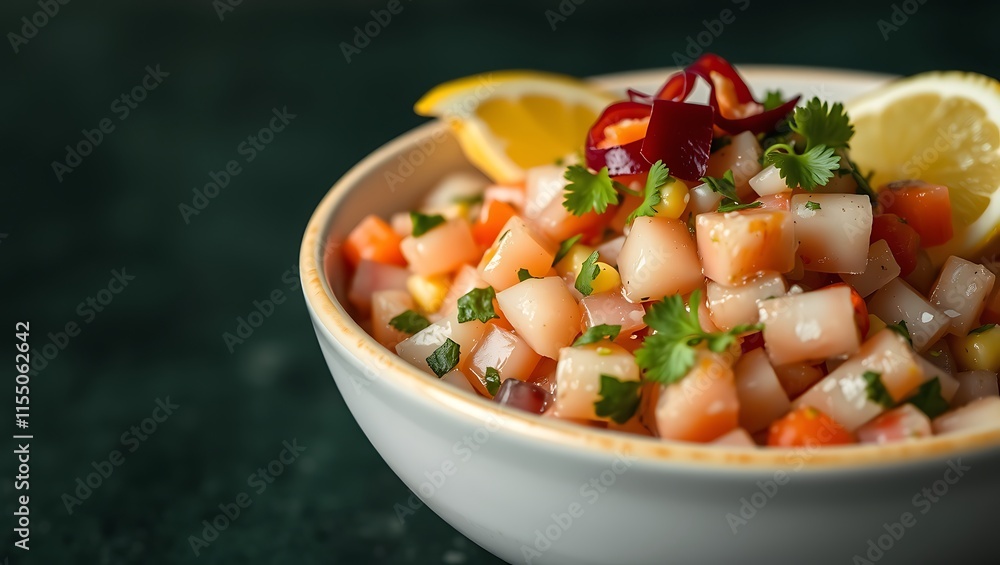 Ceviche, a Peruvian dish, features raw fish marinated in citrus juice with onions, cilantro, and chili peppers Ceviche, a Peruvian dish, features raw fish marinated in citrus juice with onions, cilantro, and chili peppers