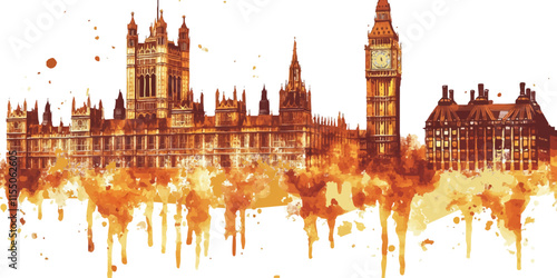 Watercolor illustration of London: Big Ben and the British Parliament building in watercolor style. with white background
