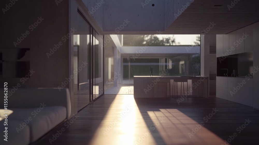 Sunlight streams through modern home's glass doors, illuminating minimalist interior with hardwood floors and open-plan kitchen. Sunlight streams through modern home's glass doors, illuminating minimalist interior with hardwood floors and open-plan kitchen.