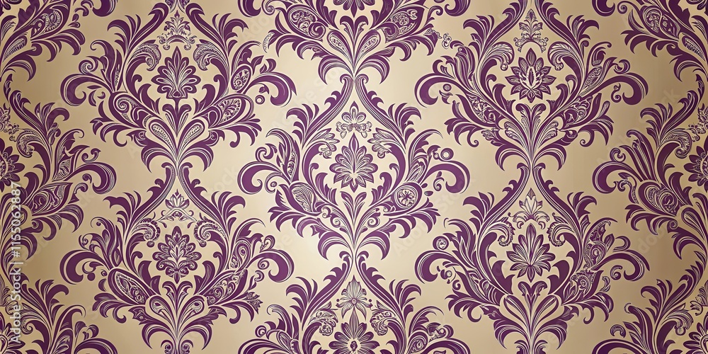 Fototapeta premium Rich, intricate Purple damask pattern with curved floral elements and gold accents on a neutral beige background, purple damask, luxury fabric