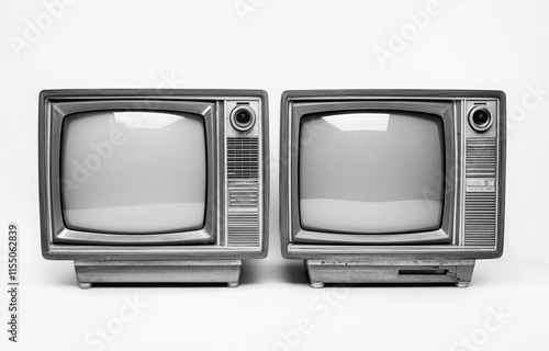 Two vintage grayscale televisions side-by-side on white background. photo