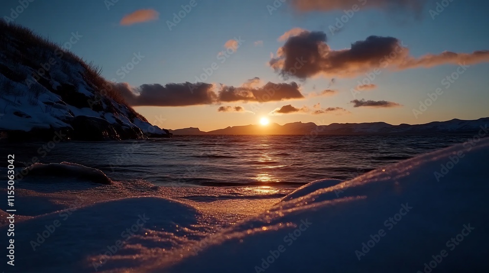 Fototapeta premium Stunning Sunset over a Snowy Coastline in Winter