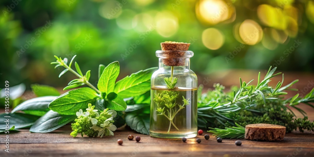 Aromatic blend of herbs and essential oils in a delicate glass bottle with a cork stopper, surrounded by lush greenery and soft lighting, herbalism, botanicals Aromatic blend of herbs and essential oils in a delicate glass bottle with a cork stopper, surrounded by lush greenery and soft lighting, herbalism, botanicals