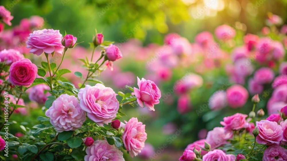 Soft focus on a blooming garden with hundreds of pink roses in various stages of growth, surrounded by lush greenery and vibrant flowers , beautiful background, nature Soft focus on a blooming garden with hundreds of pink roses in various stages of growth, surrounded by lush greenery and vibrant flowers , beautiful background, nature