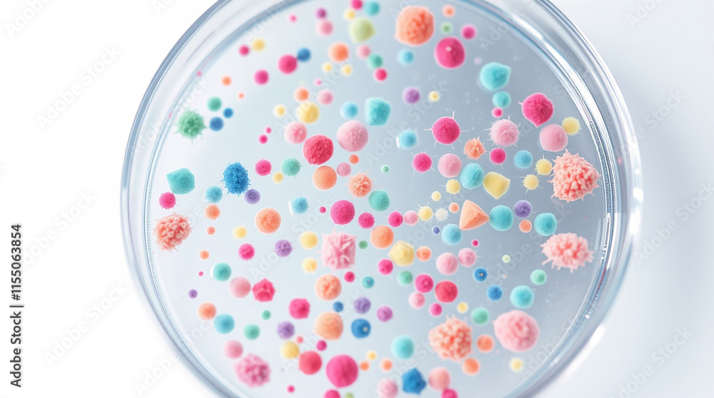Colorful micro objects in petri dish. Abstract science art concept. Colorful micro objects in petri dish. Abstract science art concept.