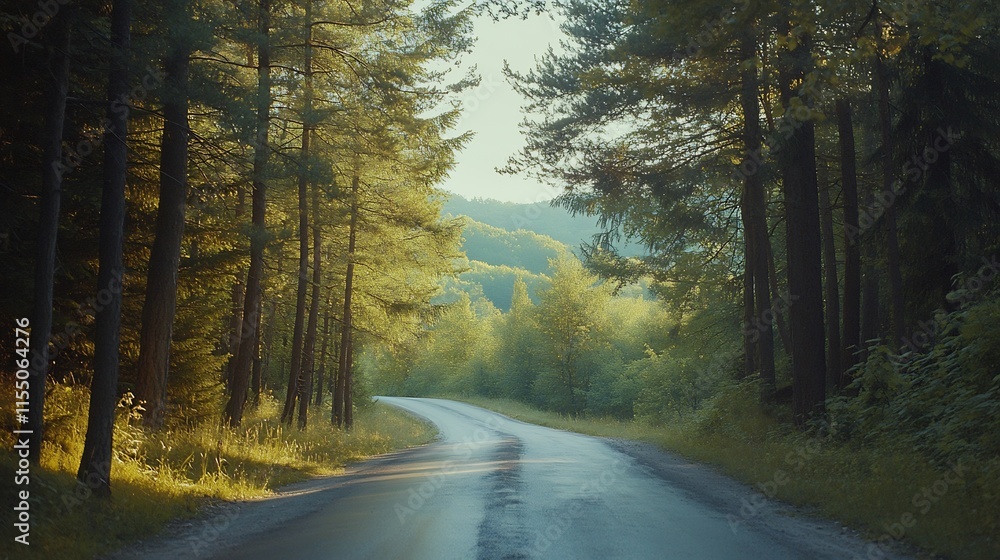 Scenic Winding Road Through a Lush Green Forest at Sunset Scenic Winding Road Through a Lush Green Forest at Sunset