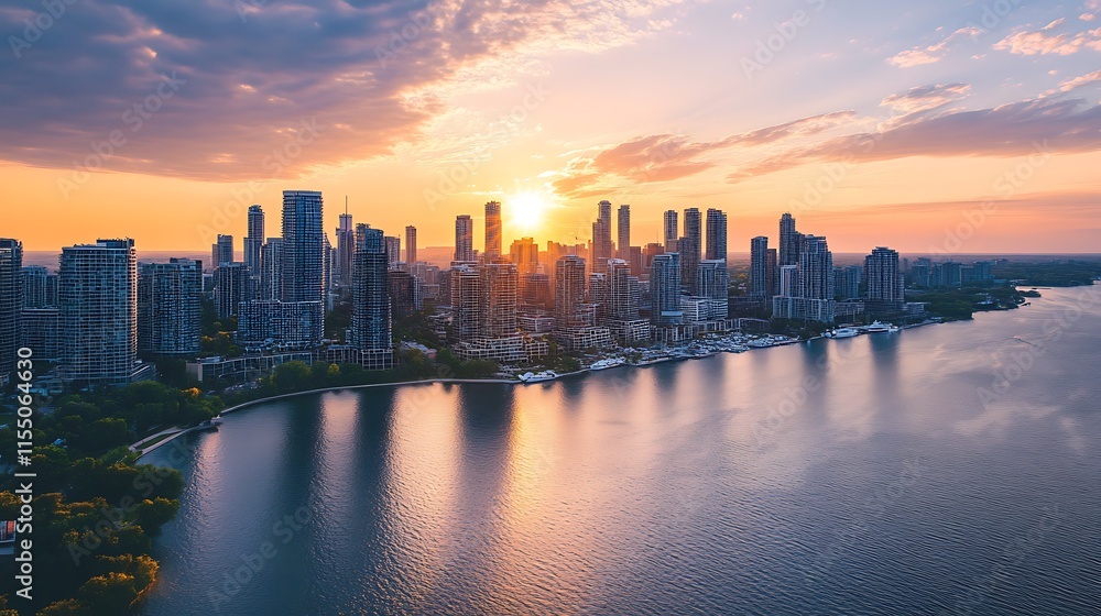 Fototapeta premium Sunset over Toronto Skyline. Cityscape, urban, travel, tourism, vacation, business, investment, real estate, architecture, modern, waterfront, lake, harbor, golden hour, panoramic, aerial view, Canada