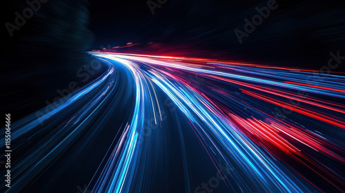 Abstract blurred light speed motion of a road in a night city, a futuristic concept background for technology and science