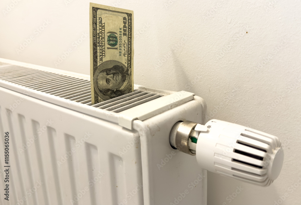 A heating radiator battery from which bills stick out. The concept of high heating expenses. Rise in energy prices, energy crisis and recession A heating radiator battery from which bills stick out. The concept of high heating expenses. Rise in energy prices, energy crisis and recession