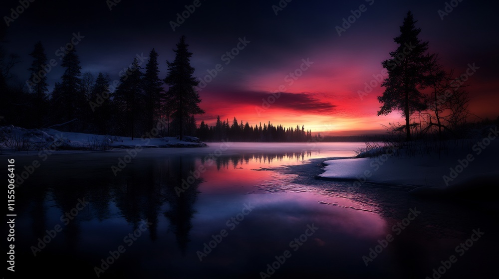 Fototapeta premium Majestic Winter Sunset Over a Frozen Lake in a Pine Forest