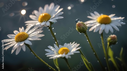 daisies with water droplets sitting in the sun near water droplets on them and against a blue backdrop photo