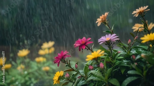 flowers and a rain showering in the background in front of a dark wood wall