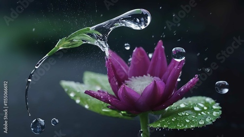 a flower in a glass vase with a dripping drop of water on it's petals photo