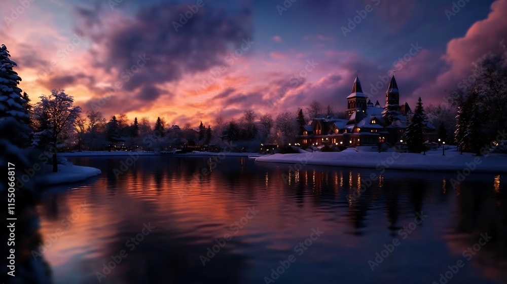 Fototapeta premium Winter Sunset over a Snow-Covered Castle by the Lake