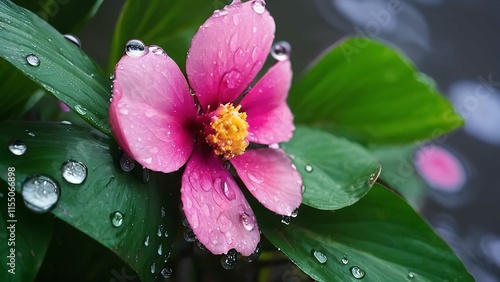 a pink flower with green leaves in a wet area, some are not covered by the drops
