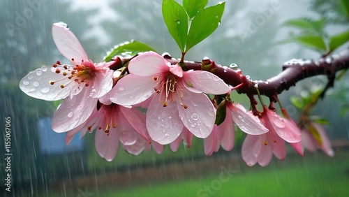 three flowers sit on the branch of a tree in the rain under a green background