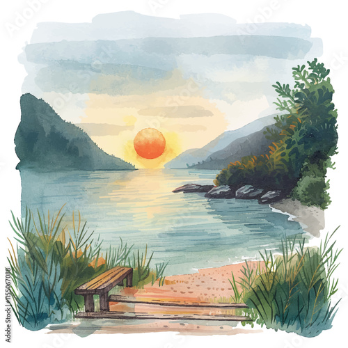 sunrise over a calm bay vector illustration in watercolor style