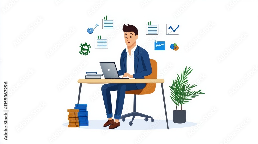 Focused Businessman Working on Laptop at Office Desk with Organized Workspace Focused Businessman Working on Laptop at Office Desk with Organized Workspace