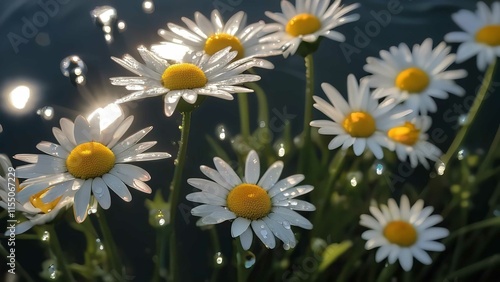 daisies with water droplets sitting in the sun near water droplets on them and against a blue backdrop