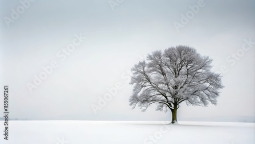 A lone snow-covered tree stands isolated in a vast winter landscape, its branches etched against the pale grey sky like a delicate pen and ink drawing, isolation, snow photo