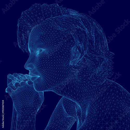 Woman is shown in a blue image with her hands clasped together. The image has a serene and contemplative mood, as if the woman is in deep thought or prayer