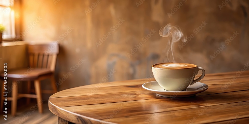 Obraz premium A steaming cup of coffee sits alone on a small wooden table in a cozy coffee shop atmosphere with warm beige walls and natural wood accents, cafe, table