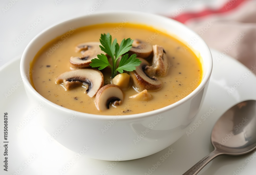 Mushroom cream soup on wooden background
Mushroom cream soup on wooden background