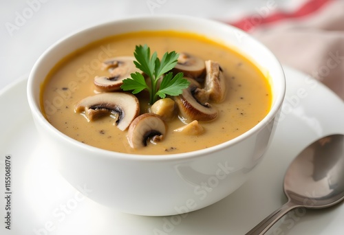 Mushroom cream soup on wooden background 