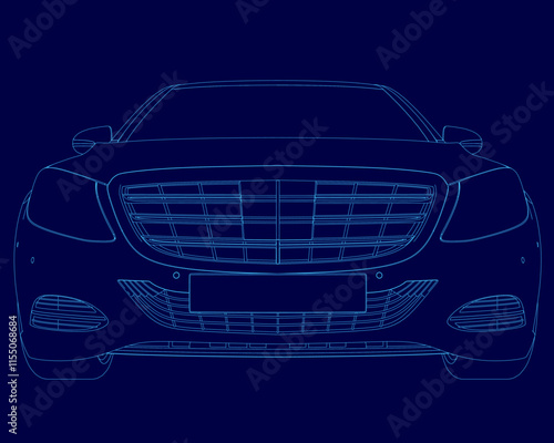 Blue car with a grill. The car is shown in a stylized way, Concept of luxury and sophistication