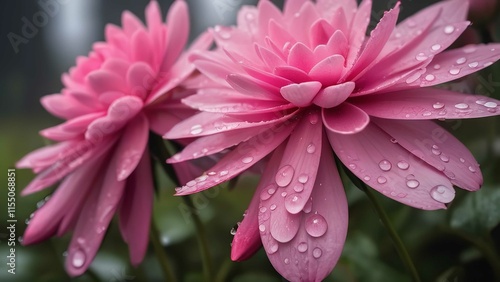 a bunch of pink flowers that have water drops on them is in the garden of a house photo