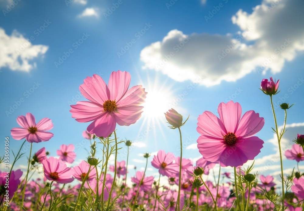 Vibrant Pink Cosmos Flowers Blooming in a Sunny Field Under a Bright Blue Sky with Fluffy Clouds, Ideal for Spring and Summer Nature Themes Vibrant Pink Cosmos Flowers Blooming in a Sunny Field Under a Bright Blue Sky with Fluffy Clouds, Ideal for Spring and Summer Nature Themes