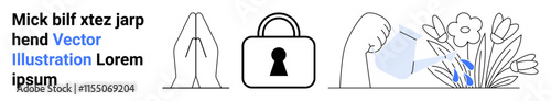 Hands in prayer, a padlock, arm watering plants symbolize security and nurturing. Ideal for themes of protection, faith, growth, care, safety hope and nurturing environments. Landing page