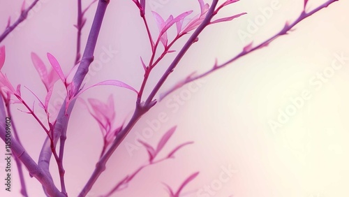 purple flowers are on a branch against a wall and in the sunlight, pink leaves can be seen