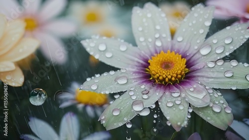 a blue vase filled with assorted daisies is shown in this image from a low angle photo