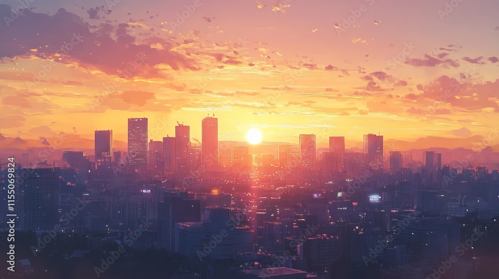 Fototapeta premium Majestic cityscape anime wallpaper featuring a stunning sunset skyline with a warm golden glow over the urban landscape, high-quality illustration