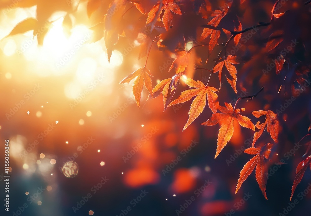 Vibrant Red and Orange Maple Leaves with Soft Glowing Background During Autumn Evening Sunlight Creating a Warm and Tranquil Atmosphere Vibrant Red and Orange Maple Leaves with Soft Glowing Background During Autumn Evening Sunlight Creating a Warm and Tranquil Atmosphere