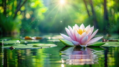 A serene lotus flower floating on the surface of a peaceful pond water, surrounded by lush greenery and vibrant aquatic life , water lily, aquatic life